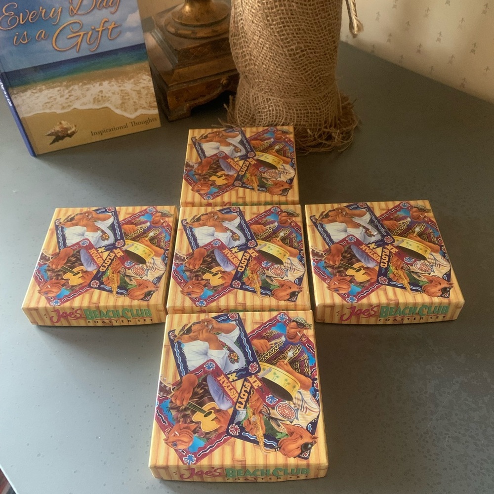 VINTAGE Joe Camel Beach Club drink coasters in box, all 5 sets NEW IN BOX.